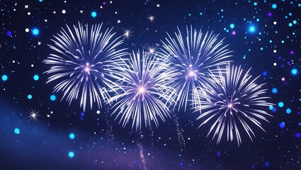 Spectacular White Fireworks Bursting in the Night Sky with Stars and Blue Bokeh Lights