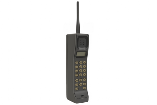 Retro mobile phone with extended antenna on transparent background