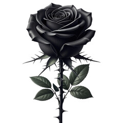 Dark romantic black rose flower stem thorns isolated transparent background elegant floral design