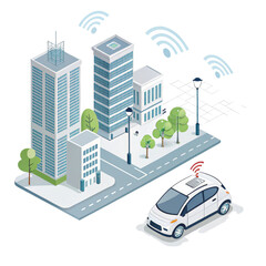 Isometric Smart City with Self-Driving Car, Isolated on Transparent Background, Cityscape, Illustration, Smart city, Autonomous Vehicle, IoT