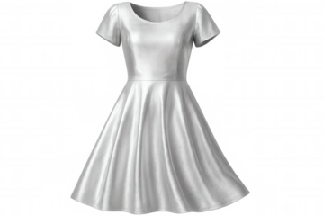 Silver dress with short sleeves and flared skirt isolated on transparent background, ideal for fashion mockups and designs