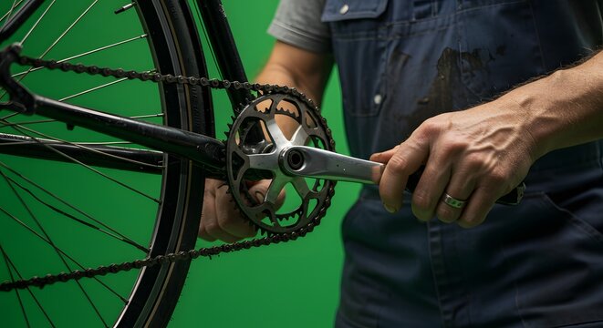 Close-up of a craftsman repairing a classic bicycle crankset with a wrench in a workshop with a green background