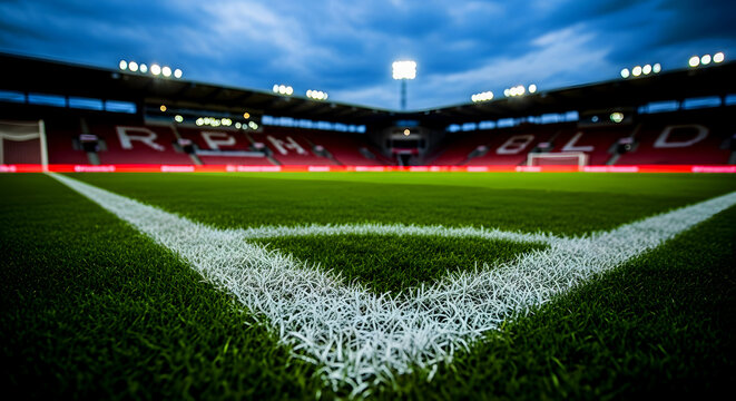 Dramatic low-angle view of a football stadium corner with illuminated floodlights and empty red seats