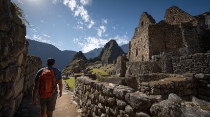Traveler in ancient ruins