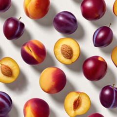 Plums and Peaches on White — Top View Flat Lay of Whole and Halved Fruits in Bright Minimalist Composition