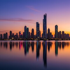 Obraz premium Futuristic city skyline reflected in calm water at dusk