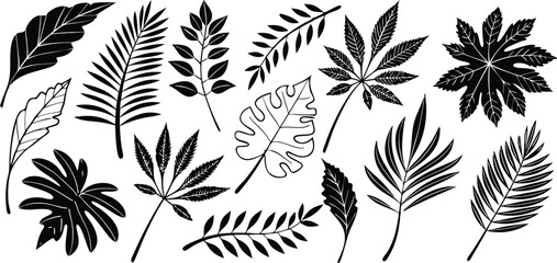 Leaf silhouettes vector set featuring tropical, floral, and botanical elements. nature design collection includes various leaf shapes perfect for eco, organic, and decorative art or digital project 