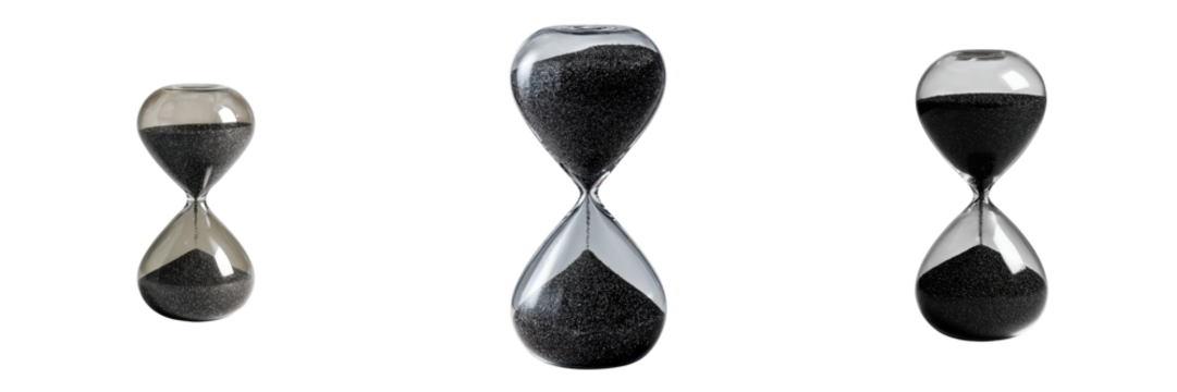 Hourglass with black sand modern minimalist design isolated transparency background showing different sizes and shapes of time measuring devices