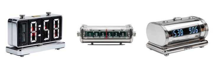 Retro flip clock with chrome finish and clean display showing time in digital format, evoking nostalgic and stylish atmosphere