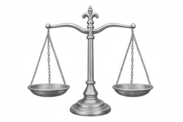 Silver scales of justice balancing on transparent background, symbolizing law, fairness, and equality