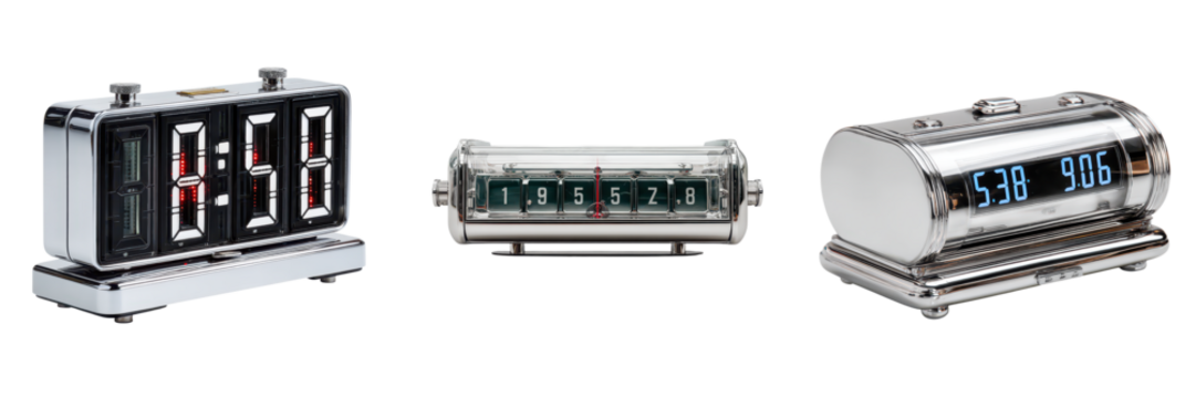 Retro flip clock with chrome finish and clean display showing time in digital format, evoking nostalgic and stylish atmosphere
