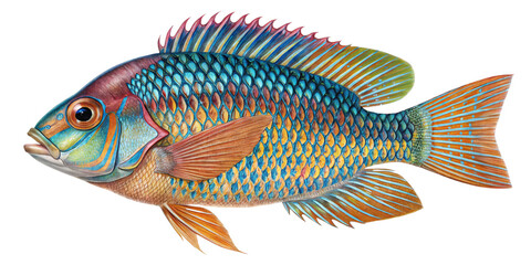 Fototapeta premium Vibrant Rainbow Fish Illustration Detailed Painting, Isolated on Transparent Background, Tropical Fish Art, Fish, Illustration, Aquatic