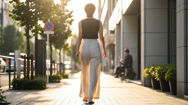 白いワイドパンツとノースリーブで歩くきれいめな後ろ姿美人