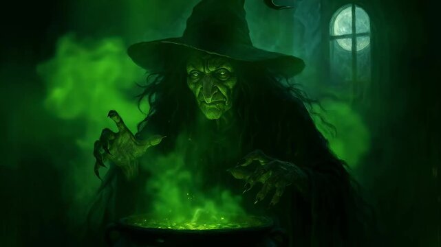 Sinister Witch Brewing Glowing Green Potion in a Dark, Mystical Lair under a Full Moon