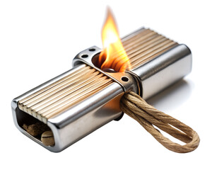 Vintage metal lighter with a flame, isolated on transparent background
