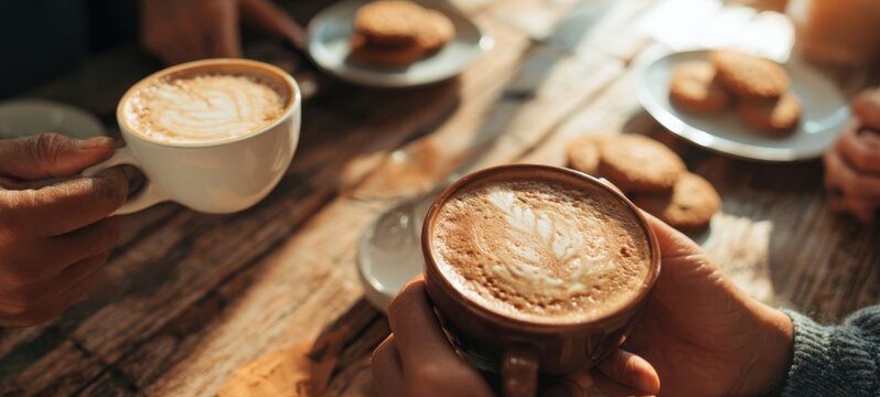 [The latte in a ceramic cup with cookies on a sunlit wooden table]