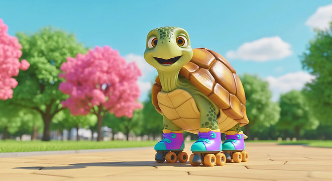 Smiling turtle wearing colorful roller skates in a sunny park, fun and cheerful scene, 3D, generative AI.