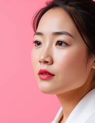 Portrait of a young asian woman with pink lipstick looking to the side on pink background