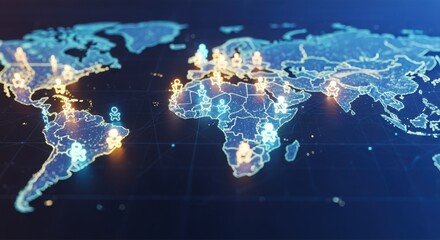 A stylized digital world map illuminated with glowing icons representing live births occurring in real time across different countries symbolizing global childbirth trends and the