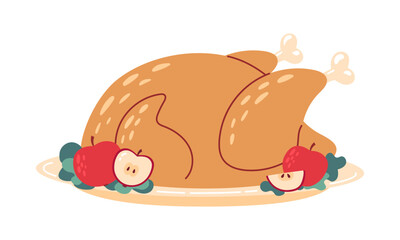 Christmas baked turkey. Cartoon roasted or grilled chicken, duck or goose roast. Traditional dinner. Thanksgiving day. Autumn and winter holiday. Flat Vector illustration isolated on white background 