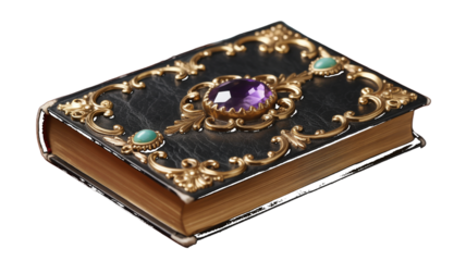 Ornate black leather book with gold trim and gemstones on white background journal diary isolated on a transparent background