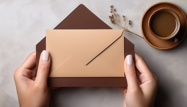 hands holding natural brown wedding invitation card with coffee envelope - Powered by Adobe