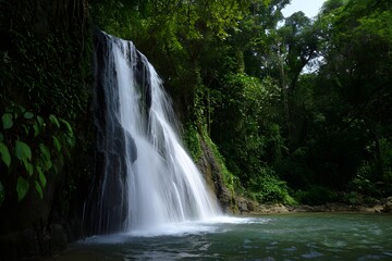 Lush jungle waterfall cascading into clear turquoise pool