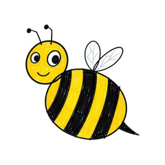Obraz premium Cute cartoon bee with black and yellow stripes and smiling expression