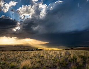 dramatic storm clouds rolling in over a landscape with rays of sunlight breaking through