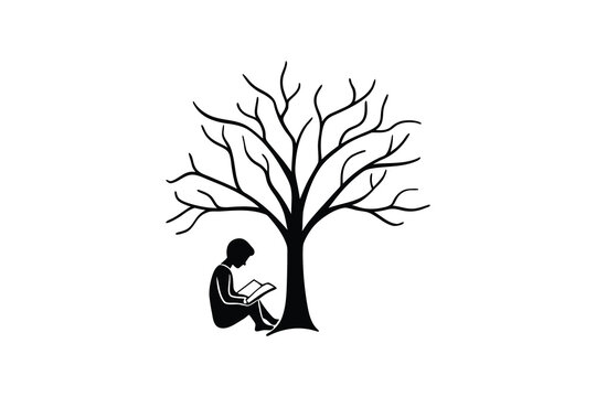 a person sitting under a tree reading a book in the shade outside silhouette