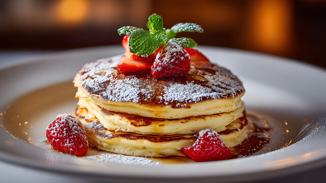 Ultra HD Delicious stack of pancakes with fresh strawberries, raspberries, mint, and powdered sugar on a white plate, perfect for a sweet breakfast or brunch treat - Powered by Adobe