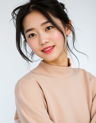 Fototapeta premium Portrait of a young woman with dark hair and a beige top smiling against white backdrop