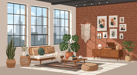 Illustrated loft interior with cityscape view and cozy decor, embodying modern design © dorahman