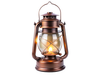 Vintage copper kerosene lantern with glass and flame isolated on transparent background