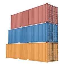 Stack of Three Shipping Containers Red Blue and Orange Isolated on White cargo logistics isolated on a transparent background