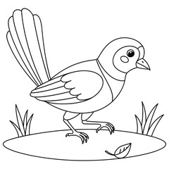 Cute bird standing on grass with a small leaf in a simple black and white line art style. Perfect for kids’ coloring books, printable crafts, and creative drawing activities