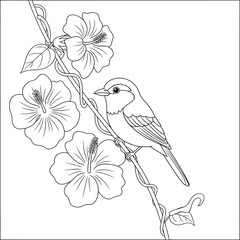 Beautiful line art illustration of a bird perched on a vine with large tropical flowers and leaves, perfect for coloring books, floral designs, and creative wildlife art projects