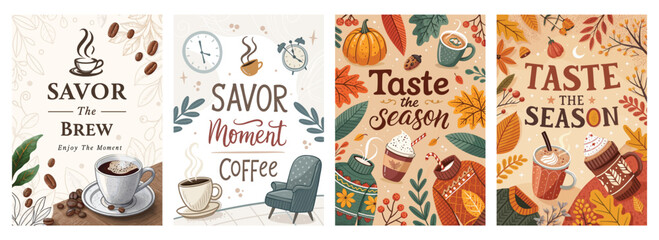A vibrant collection of cozy autumn-themed coffee illustrations, featuring warm colors and inviting designs.