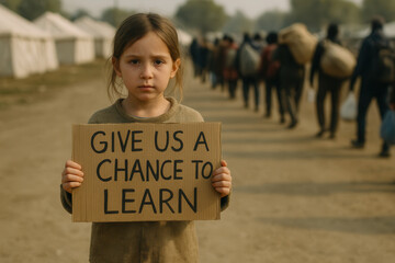Child holding sign for education opportunity refugee camp social issue poverty-stricken environment close-up view human rights advocacy