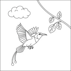 Cartoon-style bird of paradise flying under a branch with leaves and a cloud in the sky. Black and white line art illustration ideal for kids’ coloring pages, creative learning, and printable artwork
