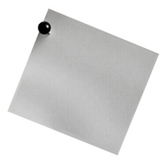 Grey paper note with black push pin isolated on transparent background