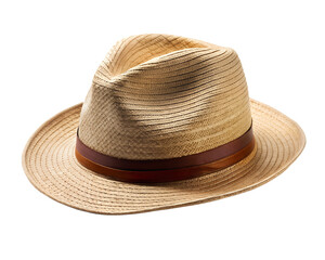 Straw fedora hat with brown band, isolated on transparent background