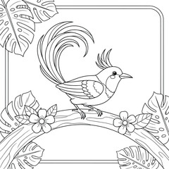 Cartoon-style exotic bird with a fancy crest and long tail perched on a decorative branch surrounded by tropical leaves and flowers. Black and white line art for kids’ coloring pages and printable art