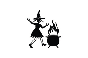 A black silhouette of a witch dancing next to a bubbling cauldron with flames