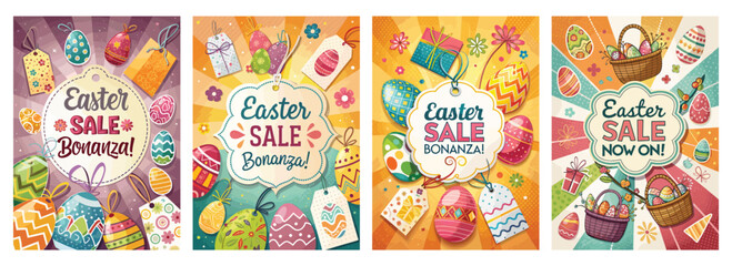 Colorful Easter sale posters featuring decorated eggs and festive gifts, perfect for holiday promotions.