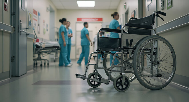 A wheelchair stands in the foreground of a hospital corridor, with medical professionals in scrubs walking in the background.