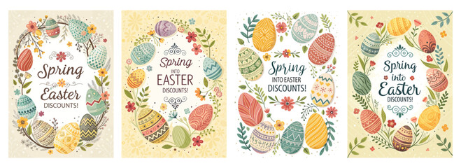 Colorful Easter egg designs celebrate spring with cheerful floral accents and discount promotions.