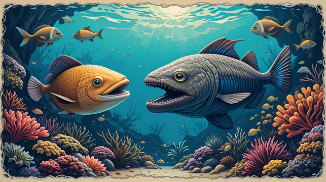 Exotic sea fish of moray eel and selene vomer or lookdown vector design of marine animal park, aquarium and oceanarium. Underwater world retro poster with swimming predatory fish and ocean corals