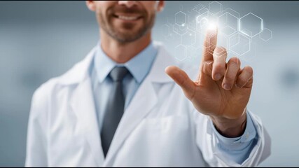 Man doctor finger touching glowing virtual screen with hexagon technology digital interface for medical research, footage. - Powered by Adobe