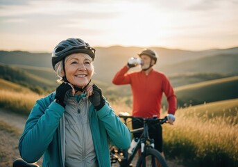 Happy senior couple cycling outdoors in a scenic landscape at sunset, enjoying an active retirement lifestyle
